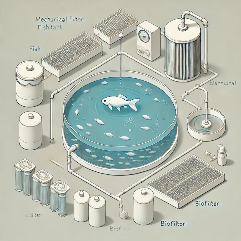 Berikut adalah ilustrasi sistem budidaya ikan dengan sistem RAS yang paling sederhana. Gambar ini menunjukkan tangki ikan, sistem filtrasi mekanis dan biologis, serta sirkulasi air dengan pompa sederhana, ideal untuk pemula.