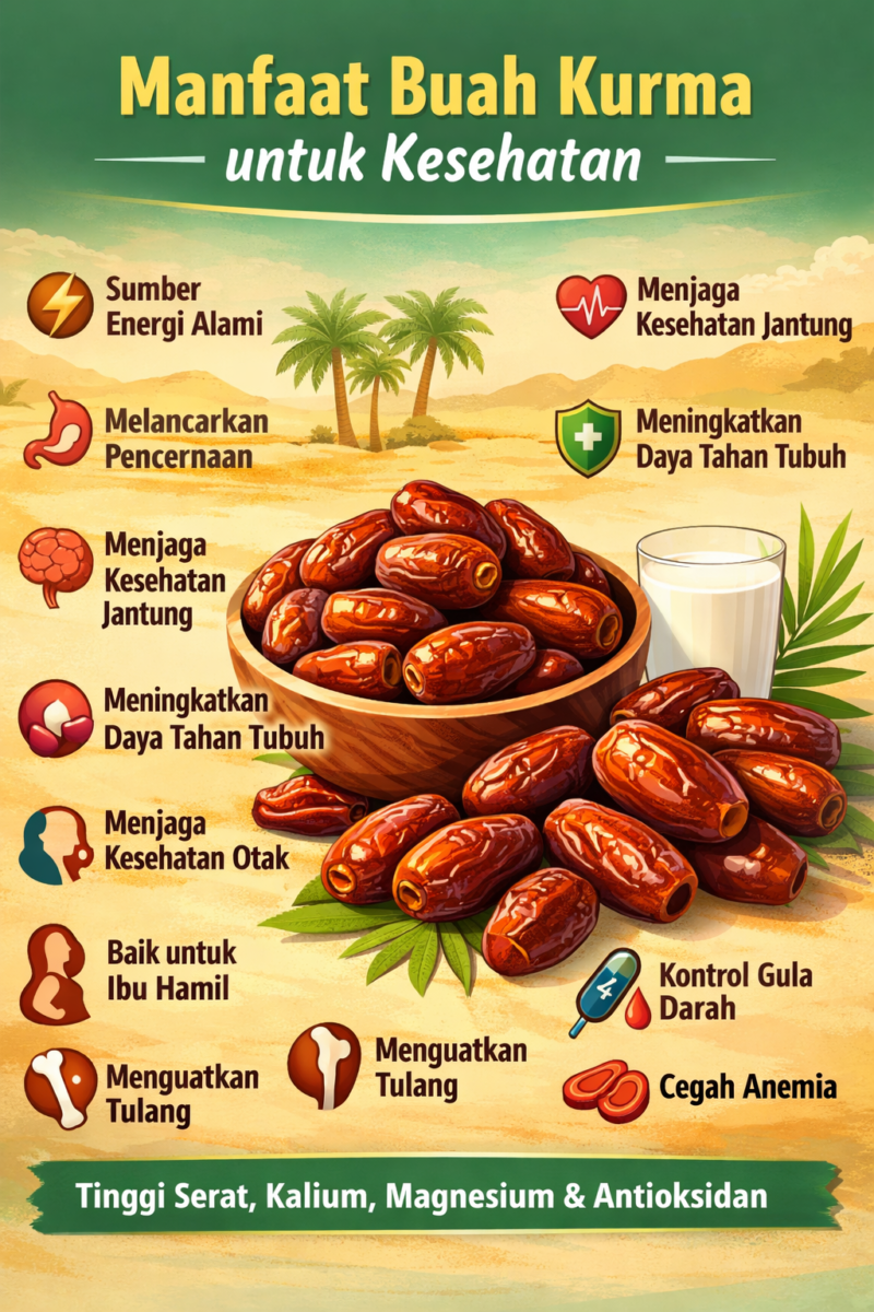 Buah kurma kaya nutrisi dan energi alami. Simak manfaat buah kurma untuk kesehatan, mulai dari pencernaan, jantung, hingga daya tahan tubuh.